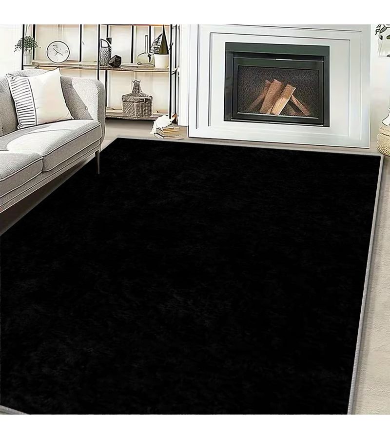 Velvet Non Slip Backing Carpet 2D Flat 55.11 X 78 Inches Pure Black Minimalist Carpet For Living Room High Traffic Areas Indoor Spaces Modern Style Easy Maintenance - Image 1