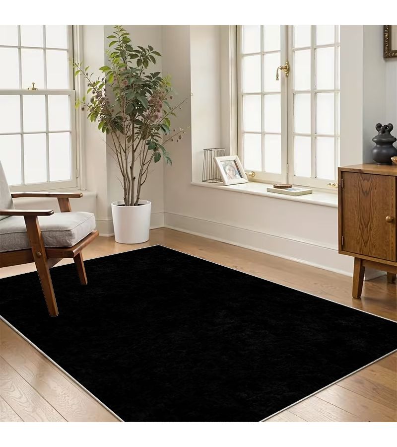 Velvet Non Slip Backing Carpet 2D Flat 55.11 X 78 Inches Pure Black Minimalist Carpet For Living Room High Traffic Areas Indoor Spaces Modern Style Easy Maintenance - Image 2