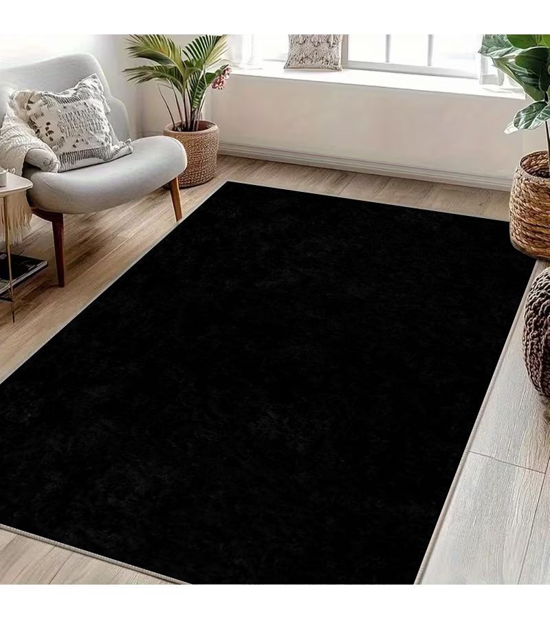 Velvet Non Slip Backing Carpet 2D Flat 55.11 X 78 Inches Pure Black Minimalist Carpet For Living Room High Traffic Areas Indoor Spaces Modern Style Easy Maintenance - Image 5