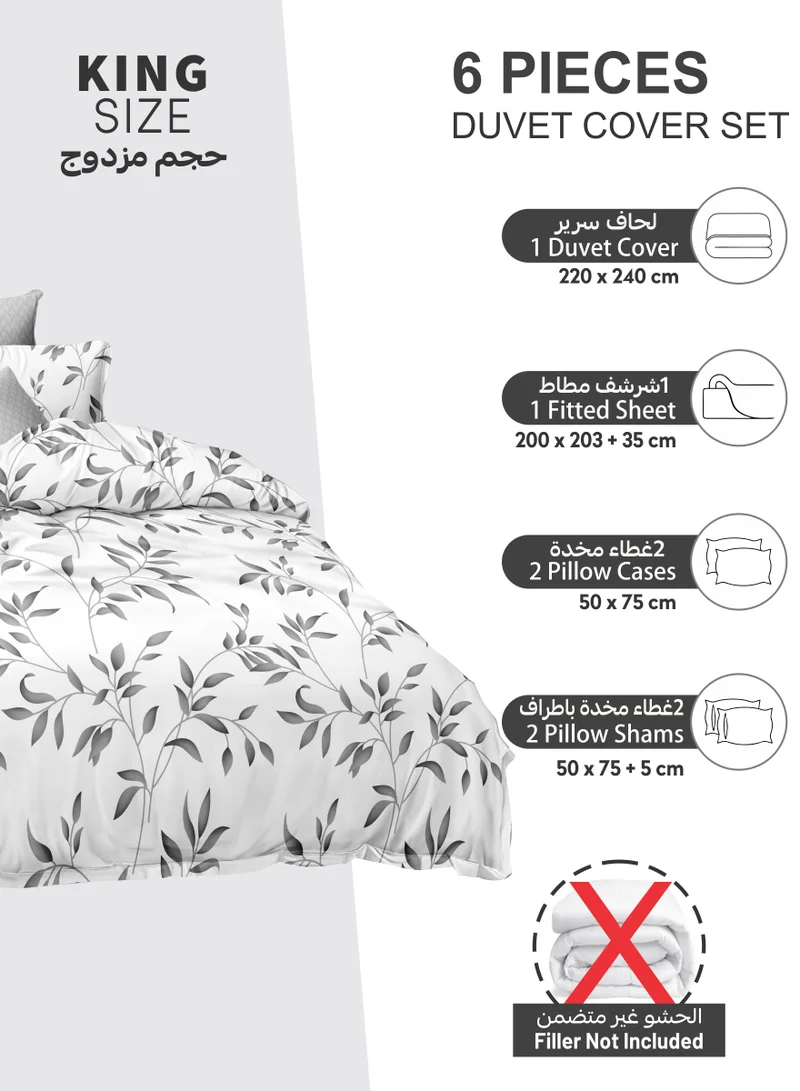 Donetella Printed Duvet Set, King Size 220x240 cm - 6-Pcs Bed Set, Microfiber Fabric - 1 Duvet Cover, 1 Fitted Sheet, 2 Pillow Shams, 2 Pillowcases (Filler Not Included)