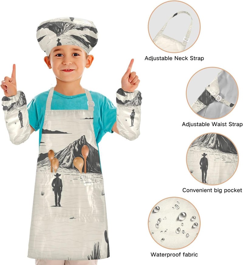 Kid Paint Smock Functional Western Cowboy Boho Cactus Cowboy Mountains Children Aprons with Pockets for Toddlers 3-12 - Image 4