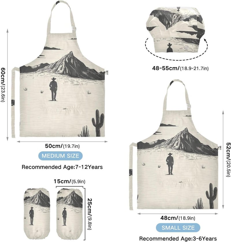Kid Paint Smock Functional Western Cowboy Boho Cactus Cowboy Mountains Children Aprons with Pockets for Toddlers 3-12 - Image 3