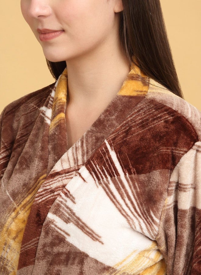 Arrabi Warm Fleece Brown Abstract Fleece Drawstring Knee Length Bath Robe - Image 5
