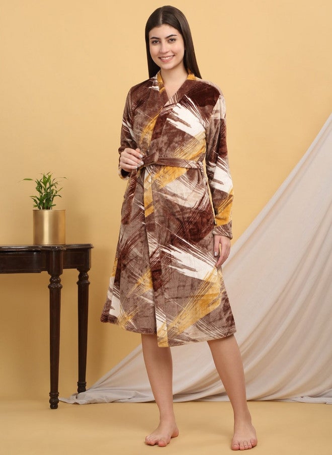 Arrabi Warm Fleece Brown Abstract Fleece Drawstring Knee Length Bath Robe - Image 2