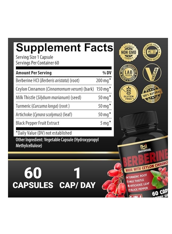 BMVINVOL Berberine with Ceylon Cinnamon, Turmeric, Milk Thistle, Artichoke, Black Pepper 60 Count - Image 2