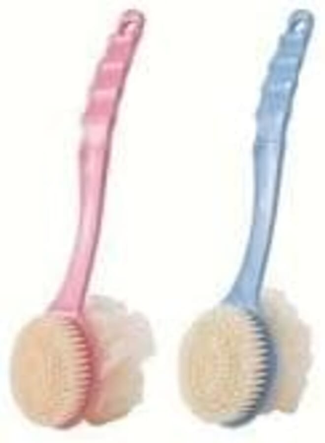 Generic 2 in 1 Bath Brush with Soft Loofah and Bristles for Shower and Body with Back Scrubber 36cm Curved Handle Wet or Dry Use Body Wash Face Spa for Men Women (Multicolor)