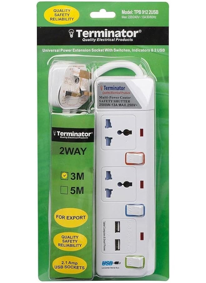 Terminator Terminator- 2 Way Power Extension Socket With 2 Usb 3M  - Image 1