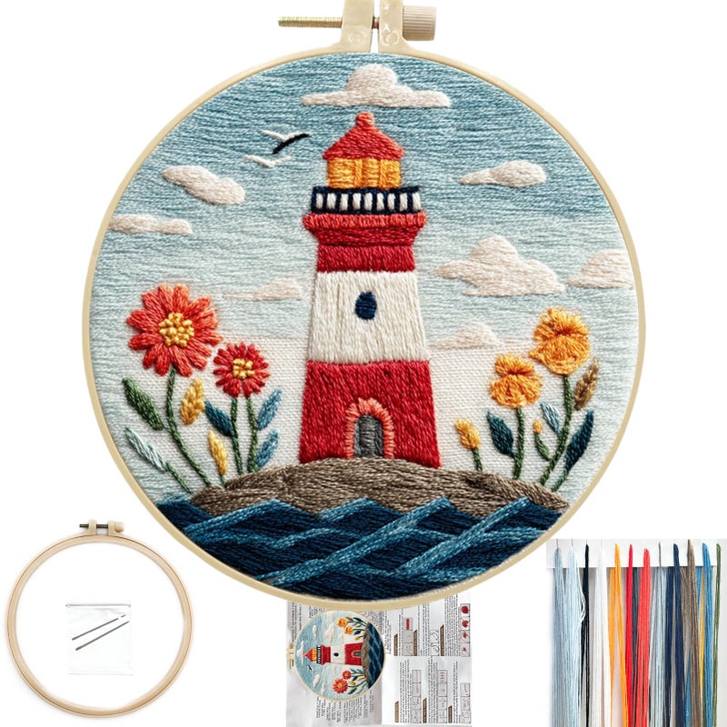 FONNUY Embroidery Kit for Beginners Lighthouse Landscape Flowers PreStamped Pattern Kits for Adults with Hoop Easy to Follow Color Thread Needlework 8 Hoop Blue - Image 3