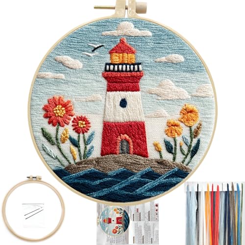 FONNUY Embroidery Kit for Beginners Lighthouse Landscape Flowers PreStamped Pattern Kits for Adults with Hoop Easy to Follow Color Thread Needlework 8 Hoop Blue - Image 1