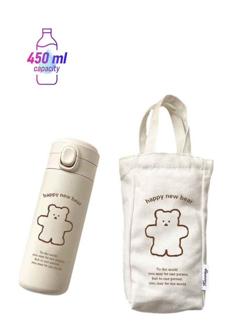 SYOSI Thermos Water Bottle, Kawaii Bear Thermal Water Bottle, Leak Proof Insulated Water Bottle, Portable Stainless Steel Thermal Bottle with Cloth Cover Hot or Cold Drinks - Image 1