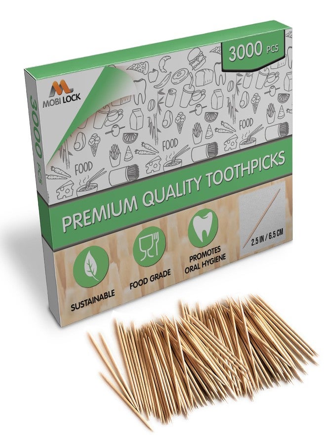 Mobi Lock 3000 Pcs Bamboo Toothpicks - Double Pointed Wooden Picks - For Personal Hygiene, Appetizer Skewers, Cocktail Sticks, Toothpick or Arts & Crafts - by Mobi Lock - Image 1