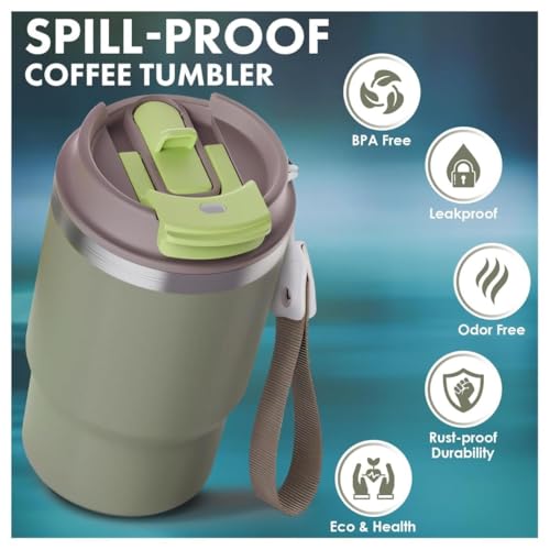 Wosta Travel Mug, Insulated Coffee Cup with Leakproof Lid,Vacuum Insulation Stainless Steel Reusable for Hot Cold Coffee, Non-Slip Protective Cover, (Lime Green, 479 Ml) - Image 5