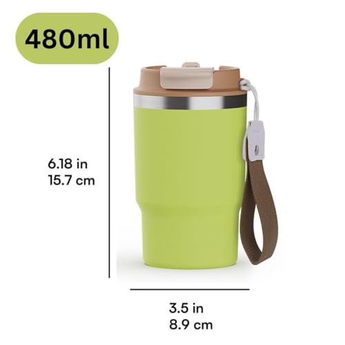 Wosta Travel Mug, Insulated Coffee Cup with Leakproof Lid,Vacuum Insulation Stainless Steel Reusable for Hot Cold Coffee, Non-Slip Protective Cover, (Lime Green, 479 Ml) - Image 2