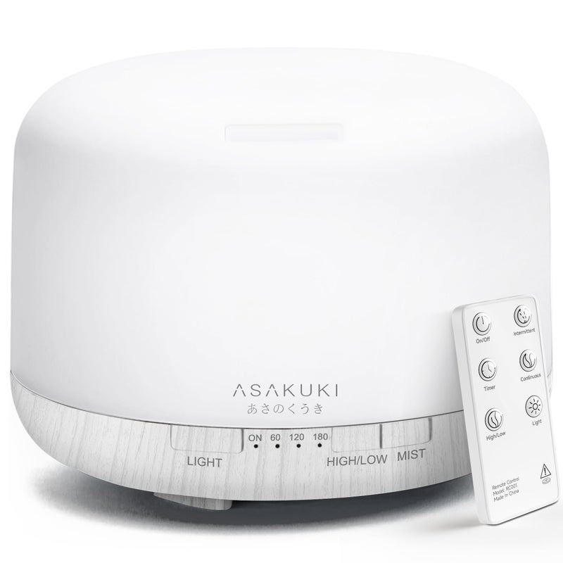 ASAKUKI 500ml Premium Essential Oil Diffuser with Remote Control, 5 in 1 Ultrasonic Aromatherapy Fragrant Oil Humidifier Vaporizer, Timer and Auto-Off Switch (White) - Image 1