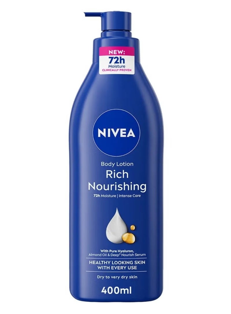 Nivea Body Lotion Rich Nourishing 72H Moisture Intense Care With Pure Hyaluron Almond Oil & Deep*Nourish Serum Healthy looking Skin With Every Use For Dry to Very Dry Skin 400ml