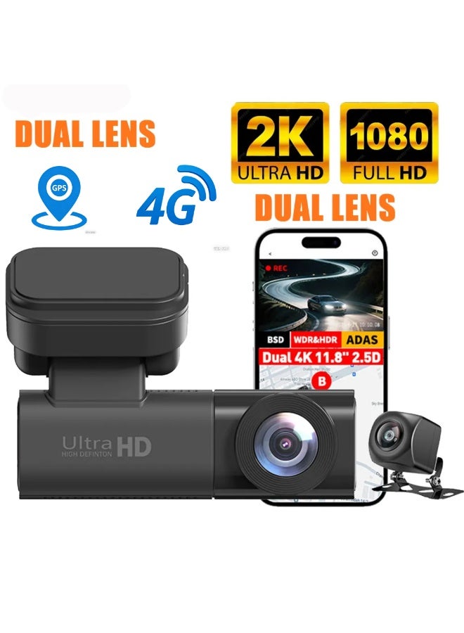 4G Dash Cam Front Rear Camera 2K Car DVR With GPS Tracking WiFi Remote Monitoring Two way audio Night Vision Parking Mode Collision Detection Loop Recording Driving Trajectory Playback Cloud Storage Vehicle Surveillance - Image 1