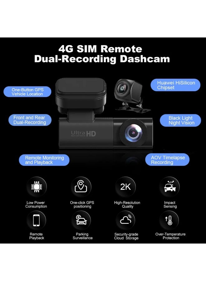 4G Dash Cam Front Rear Camera 2K Car DVR With GPS Tracking WiFi Remote Monitoring Two way audio Night Vision Parking Mode Collision Detection Loop Recording Driving Trajectory Playback Cloud Storage Vehicle Surveillance - Image 2