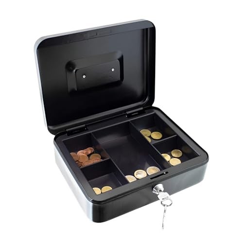 oddpod™ DL Metal Cash Box & Jewelry Safe Locker with Plastic Coin Tray & Key Lock - Large (Black) - Image 1