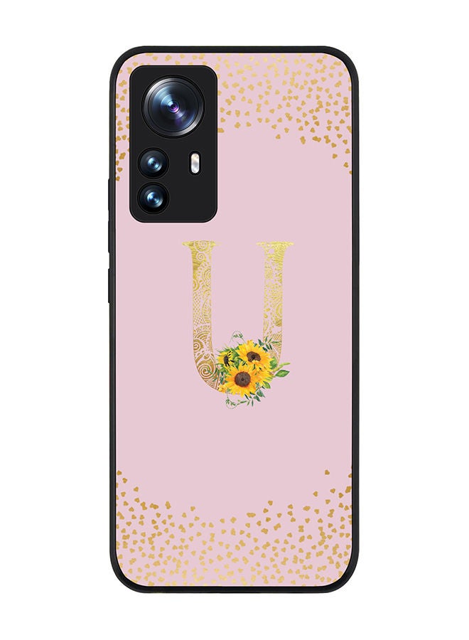 Rugged Black edge case for Xiaomi 12 Pro Slim fit Soft Case Flexible Rubber Edges Anti Drop TPU Gel Thin Cover - Custom Monogram Initial Letter Floral Pattern Alphabet - U (Pink )