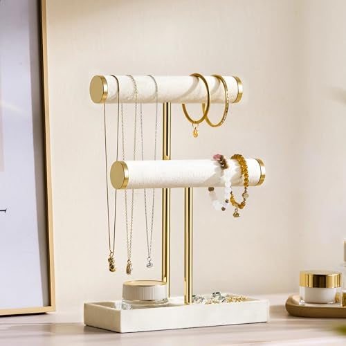 bussdis 2 Tier Bracelet Holder Display Detachable T Bar Beige Velvet Bracelet Holder Jewelry Holder Organizer for Bracelet Necklace Earrings Rings - Image 3