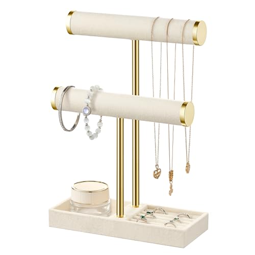 bussdis 2 Tier Bracelet Holder Display Detachable T Bar Beige Velvet Bracelet Holder Jewelry Holder Organizer for Bracelet Necklace Earrings Rings - Image 1