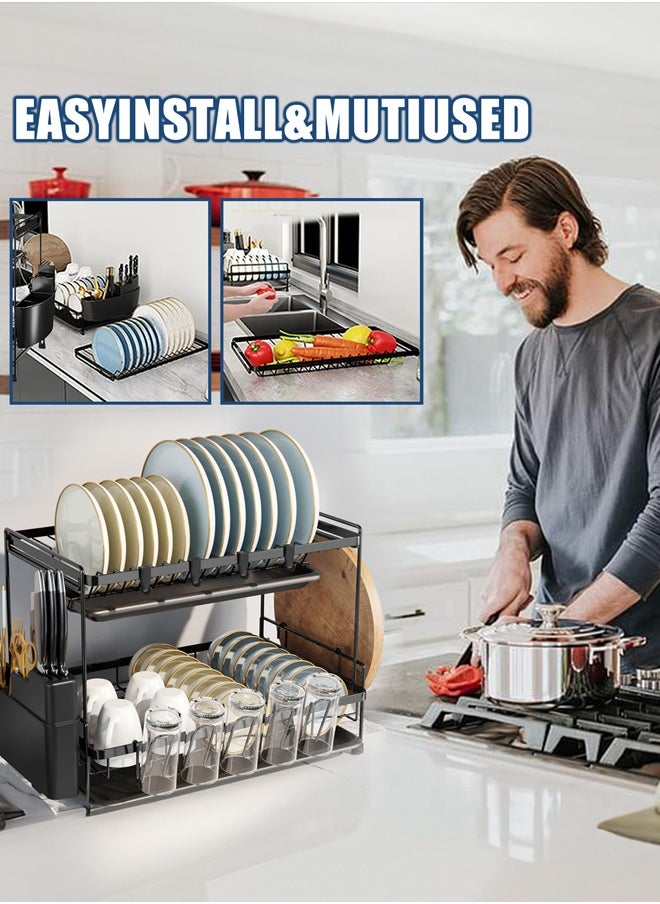 Occuwzz Dish Drying Stand With Drainer 2 Tiers Large Kitchen Dish Rack with Removable Cutting Board Holder Utensil Holder and Cup Holder  - Image 5