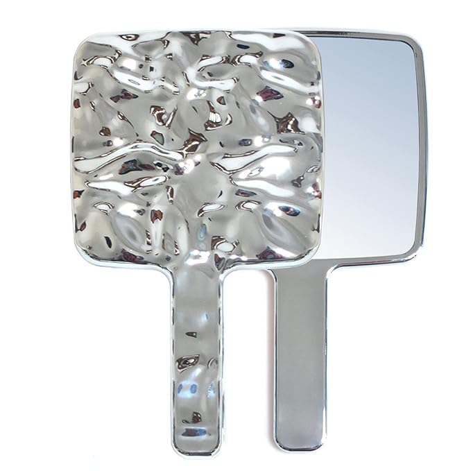 SQUARE SHAPE MAKEUP MIRROR CREATIVE WAVE PATTERN HANDHELD COSMETIC MAKEUP MIRROR WITH HANDLE TRAVEL PORTABLE BEAUTY MIRROR SILVER SHINY