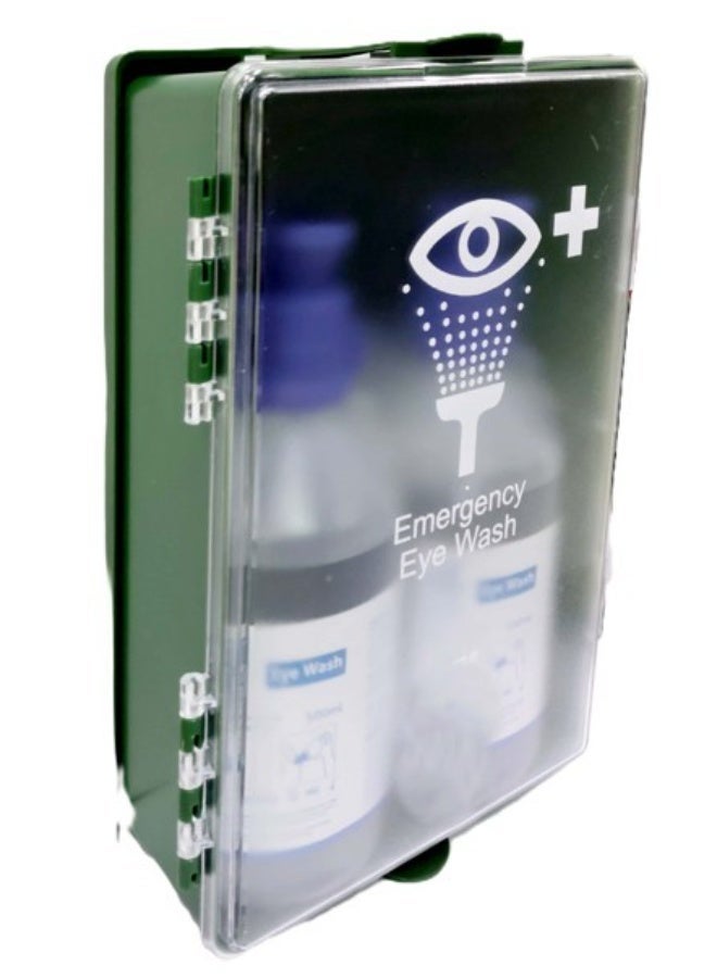 مجموعة محلول غسيل العين الطارئ مع زجاجتين من المحلول الملحي المعقم سعة 500 مل للعناية الفورية بالعين - Image 1