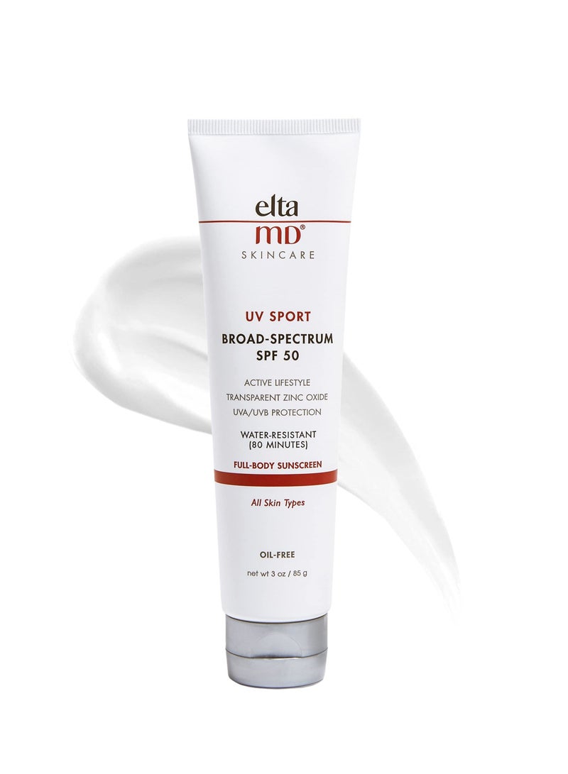 EltaMD UV Sport Sunscreen Broad-Spectrum SPF 50, Water-Resistant, Oil-free, Dermatologist-Recommended Mineral-Based Zinc Oxide Formula, 3.0 oz