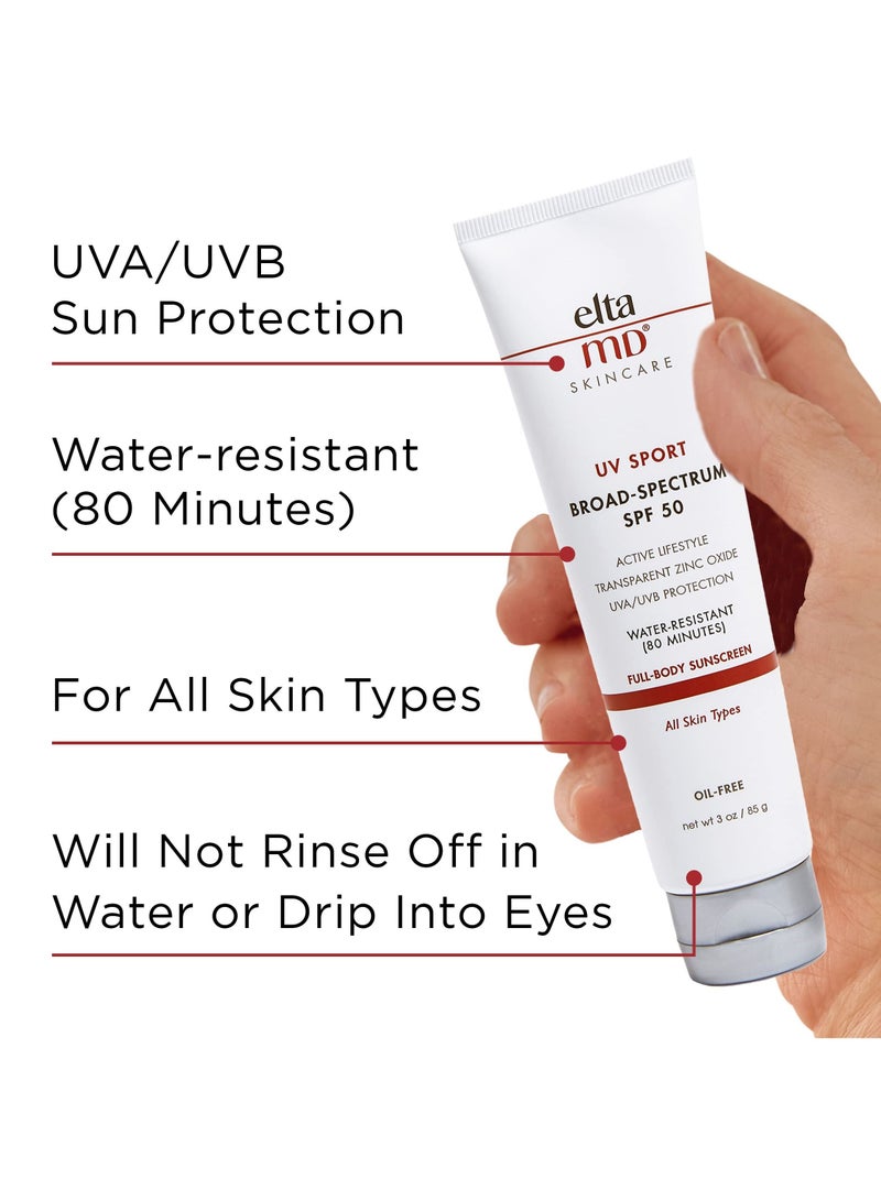 EltaMD UV Sport Sunscreen Broad-Spectrum SPF 50, Water-Resistant, Oil-free, Dermatologist-Recommended Mineral-Based Zinc Oxide Formula, 3.0 oz