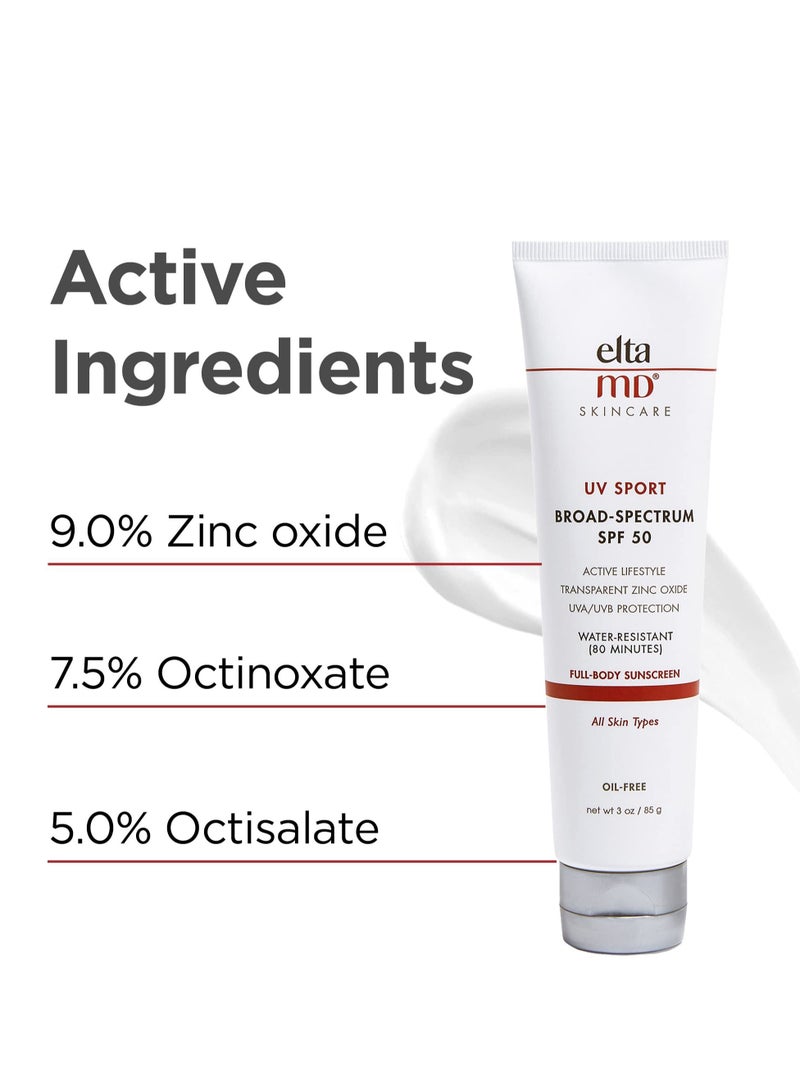 EltaMD UV Sport Sunscreen Broad-Spectrum SPF 50, Water-Resistant, Oil-free, Dermatologist-Recommended Mineral-Based Zinc Oxide Formula, 3.0 oz