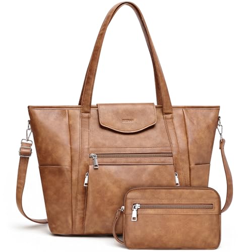 SYTRAH Laptop Bag for Women Designer Leather Laptop Backpack Purse 16 inch Computer Tote Bags for Work Travel with Satchel Purse Brown - Image 1