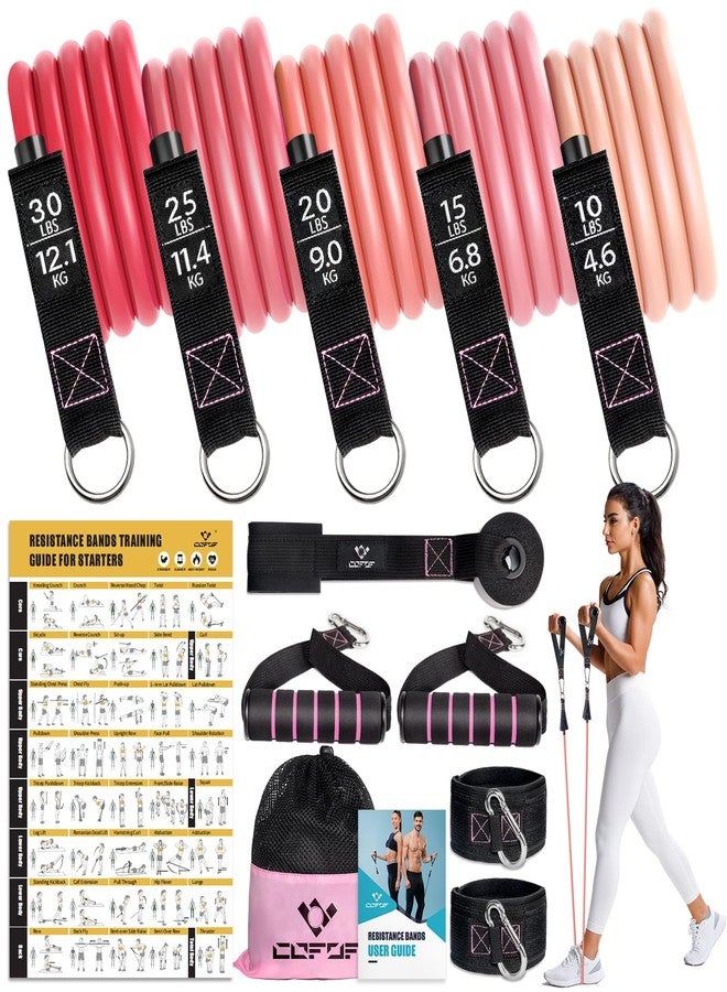 COFOF Resistance Bands with Handles for Women, 5 Level Exercise Bands Workout Bands for Physical Therapy, Yoga, Pilates, Door Anchor, Storage Pouch(Pink) - Image 1