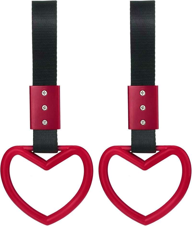 BBTO 2 Pieces Rings Heart Shaped Car Handle Straps Drift Charm Rear Bumper Warning Ring Decor Subway Bus Broken Heart Handle for Car Interior (Red) - Image 1