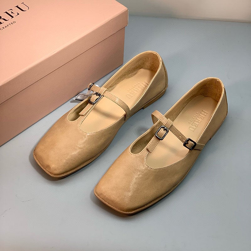 Hereu Niche Flats Shoes Small Leather Shoes French Mary Jane Ballet Shoes Retro T-Strap Soft Square Toe Shoes - Image 5