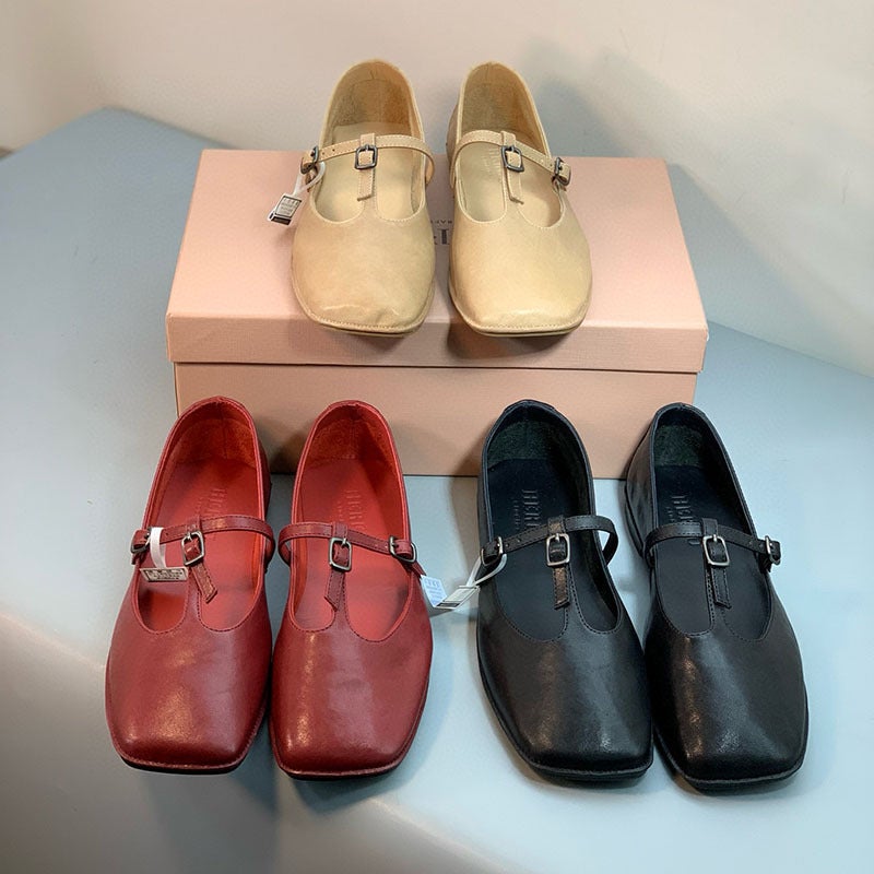 Hereu Niche Flats Shoes Small Leather Shoes French Mary Jane Ballet Shoes Retro T-Strap Soft Square Toe Shoes - Image 3