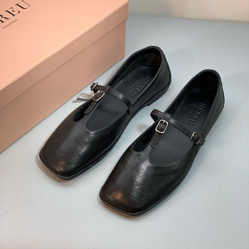 Hereu Niche Flats Shoes Small Leather Shoes French Mary Jane Ballet Shoes Retro T-Strap Soft Square Toe Shoes - Image 4