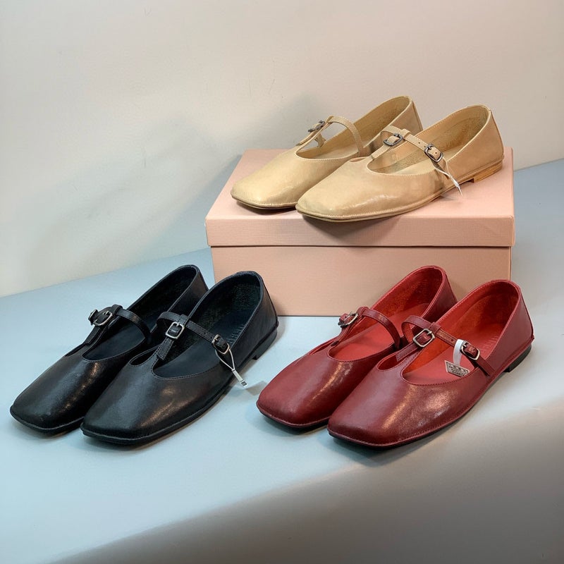Hereu Niche Flats Shoes Small Leather Shoes French Mary Jane Ballet Shoes Retro T-Strap Soft Square Toe Shoes - Image 2