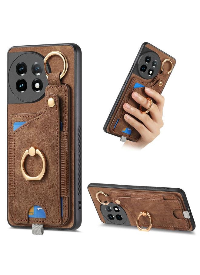 Green Tiger - For OnePlus 11 Retro Skin-feel Ring Card Bag Phone Case with Hang Loop(Brown) - Image 1