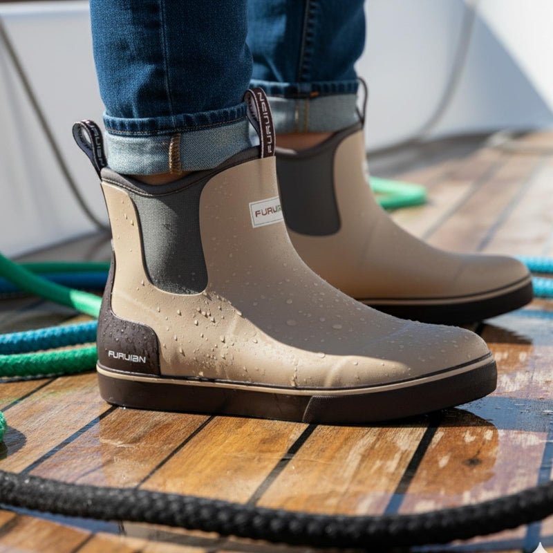 Furuian Men's Deck Boots Fishing Boots Waterproof Rain Boots Ankle Booties Slip On Neoprene Rubber Footwear Chelsea Boots Men botas para hombre for Gardening Fishing Boating Camping Sailing, Sand 11 - Image 3