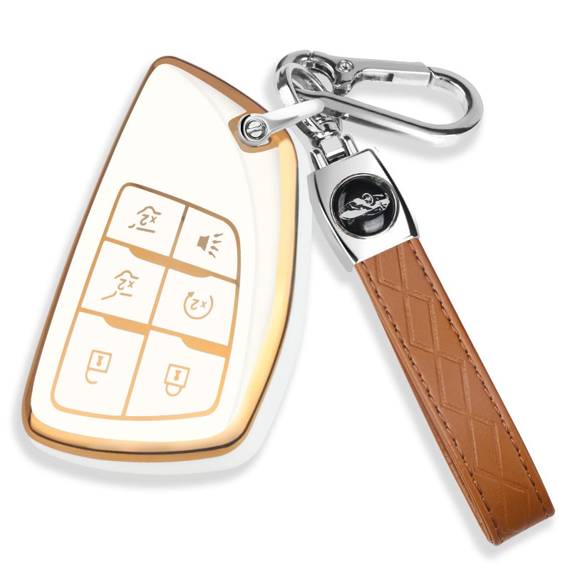 QBUC for Chevy Key Fob Cover with Keychain Soft TPU Protection Case Compatible with 2021-2026 Chevy Tahoe Suburban GMC Yukon Denali Silverado 6-Buttons(Gold Trim Ivory) - Image 1