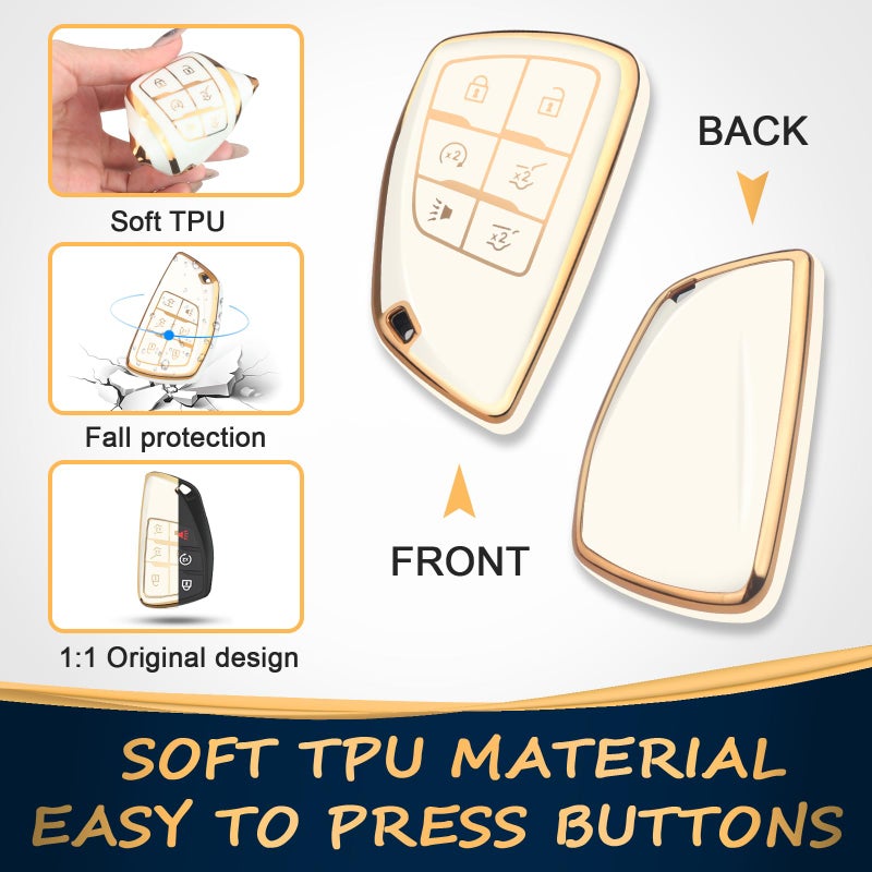 QBUC for Chevy Key Fob Cover with Keychain Soft TPU Protection Case Compatible with 2021-2026 Chevy Tahoe Suburban GMC Yukon Denali Silverado 6-Buttons(Gold Trim Ivory) - Image 3