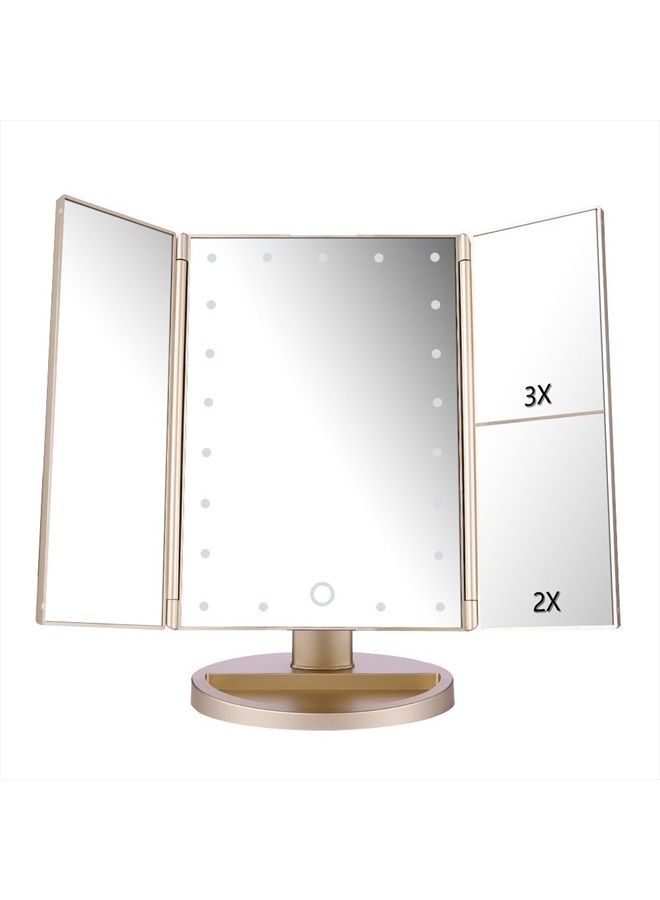 DeWEISN Floor Mount Tri-Fold Lighted Vanity Mirror with 21 LED Lights, Touch Screen and 3X/2X/1X Magnification, Two Power Supply Modes Make Up Mirror,Travel Mirror - Image 1