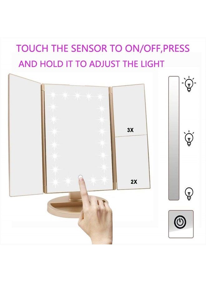 DeWEISN Floor Mount Tri-Fold Lighted Vanity Mirror with 21 LED Lights, Touch Screen and 3X/2X/1X Magnification, Two Power Supply Modes Make Up Mirror,Travel Mirror - Image 4