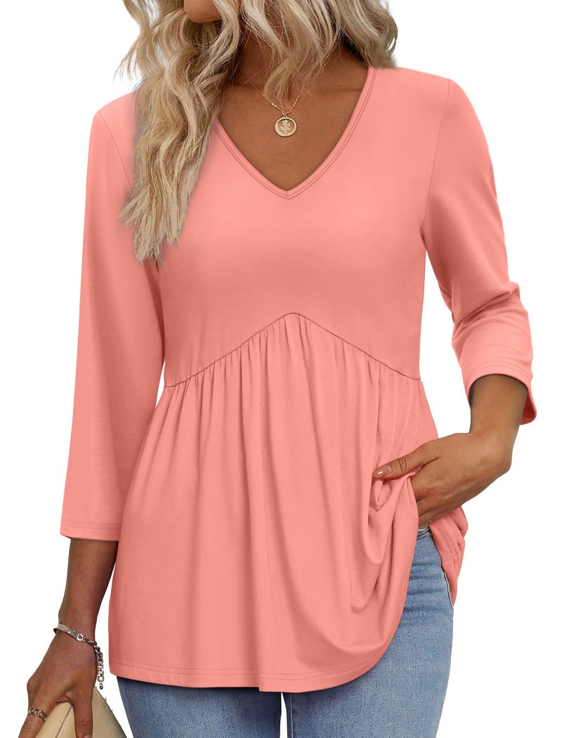 OFEEFAN Plus Size Women Blouses 3/4 Sleeve T Shirts for Women Women's Clothing Empire Waist Babydoll Tops Cowboy Chic Going Out Tops Tunic Top Coral 3XL - Image 1