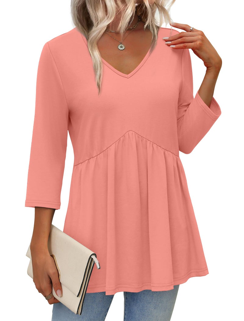 OFEEFAN Plus Size Women Blouses 3/4 Sleeve T Shirts for Women Women's Clothing Empire Waist Babydoll Tops Cowboy Chic Going Out Tops Tunic Top Coral 3XL - Image 2