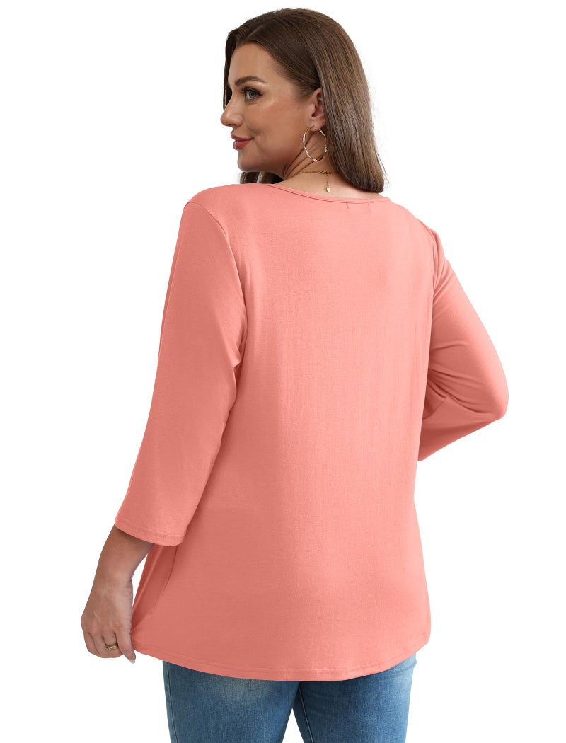 OFEEFAN Plus Size Women Blouses 3/4 Sleeve T Shirts for Women Women's Clothing Empire Waist Babydoll Tops Cowboy Chic Going Out Tops Tunic Top Coral 3XL - Image 5