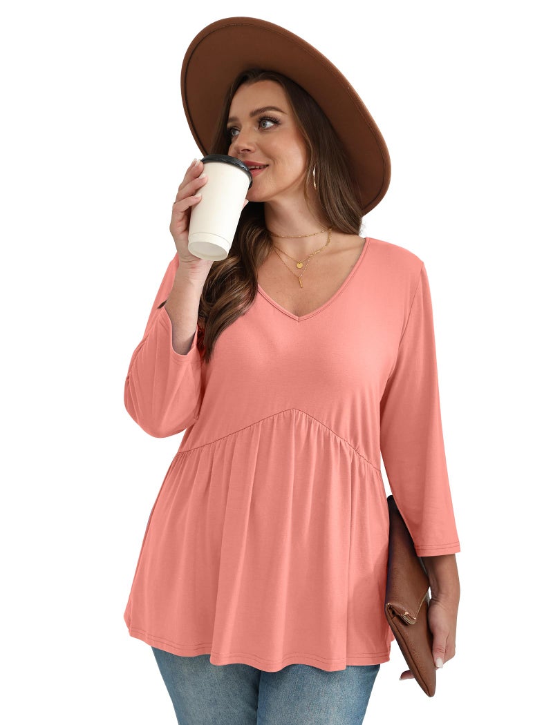 OFEEFAN Plus Size Women Blouses 3/4 Sleeve T Shirts for Women Women's Clothing Empire Waist Babydoll Tops Cowboy Chic Going Out Tops Tunic Top Coral 3XL - Image 4