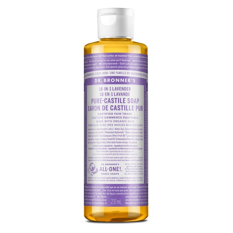 Dr. Bronner's Dr Bronners  PureCastile Liquid Soap Lavender 8 ounce  Made with Organic Oils 18in1 Uses Face Body Hair Laundry Pets and Dishes Concentrated Vegan NonGMO