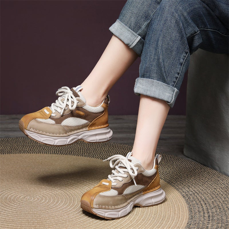 First-Layer Cowhide Thick-Soled Wedge-Heeled Forrest Gump Shoes 2025 Spring New Retro Breathable Round-Toe Sports Dad Shoes - Image 2
